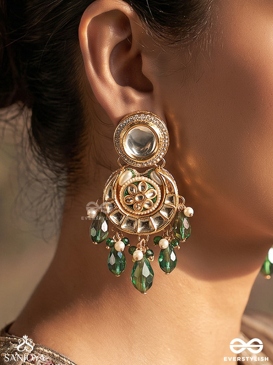 Harinika – Emerald Grace – Heritage Earrings With Mirror Kundan Motifs, Floral Enamel Details, Emerald Teardrop Danglers, Pearl Accents And Delicate Golden Filigree