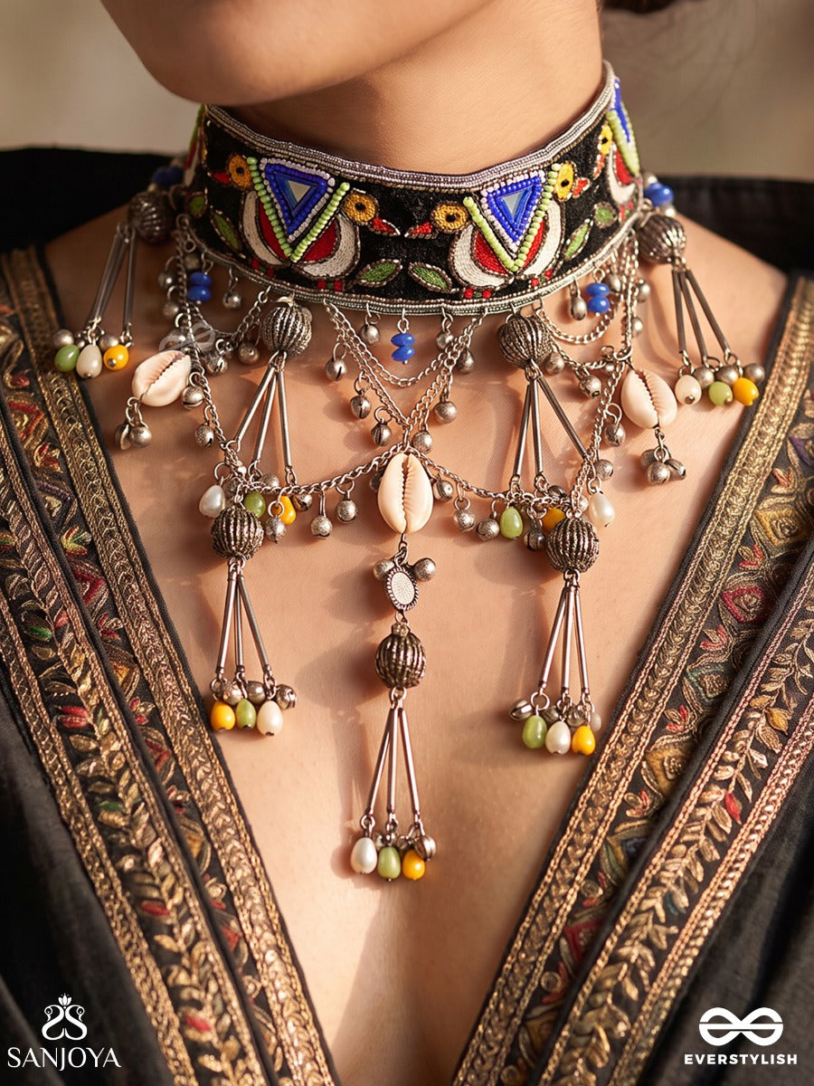 Raasrang – Colours Of Raas – Navratri Special Necklace With Colourful Folk Motifs, Oxidised Ghungroos And Cascading Danglers
