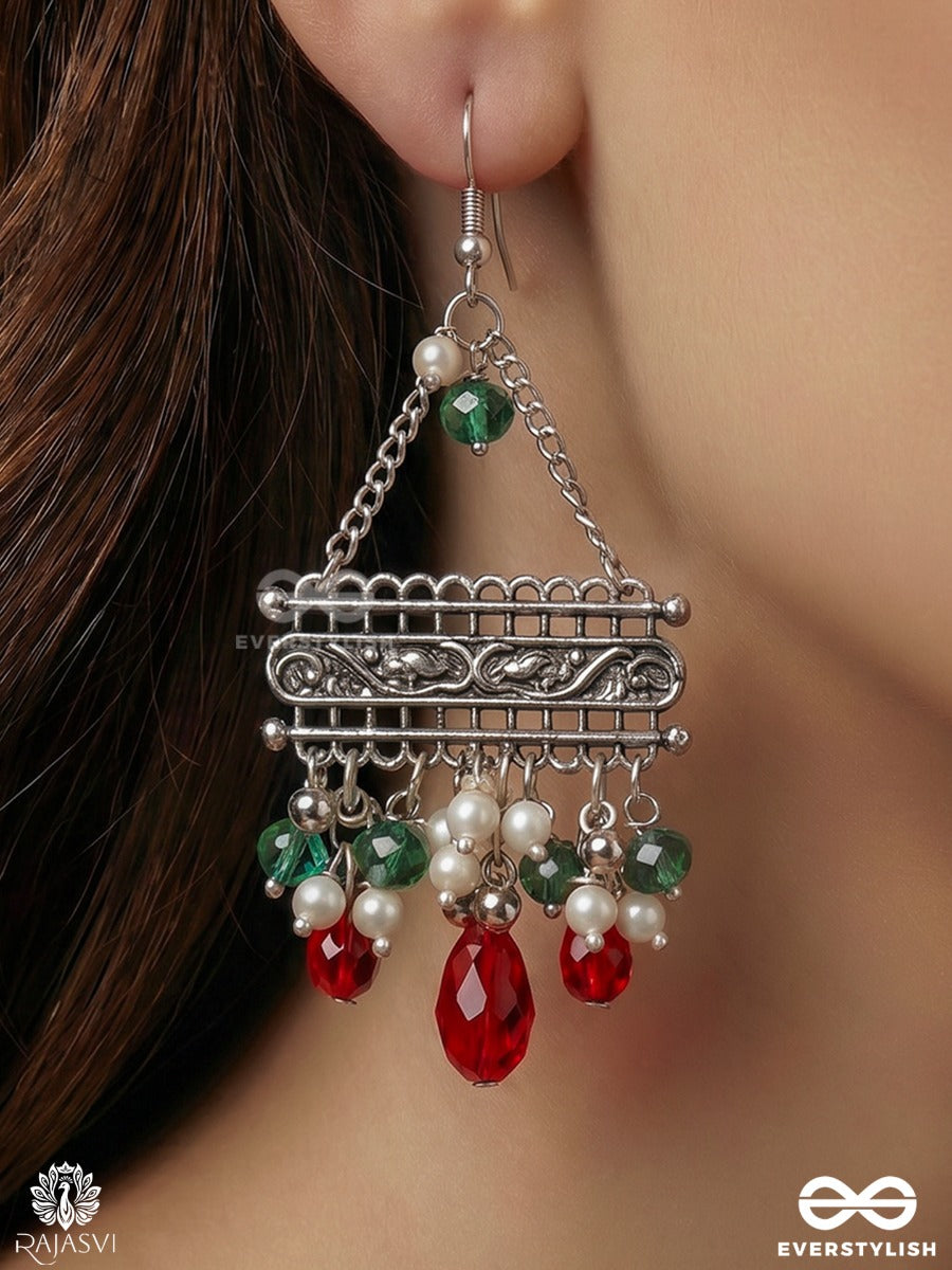Manikhari – Oxidised Tribal Earrings With Green Stones, Pearls And Ruby Red Bead Drops
