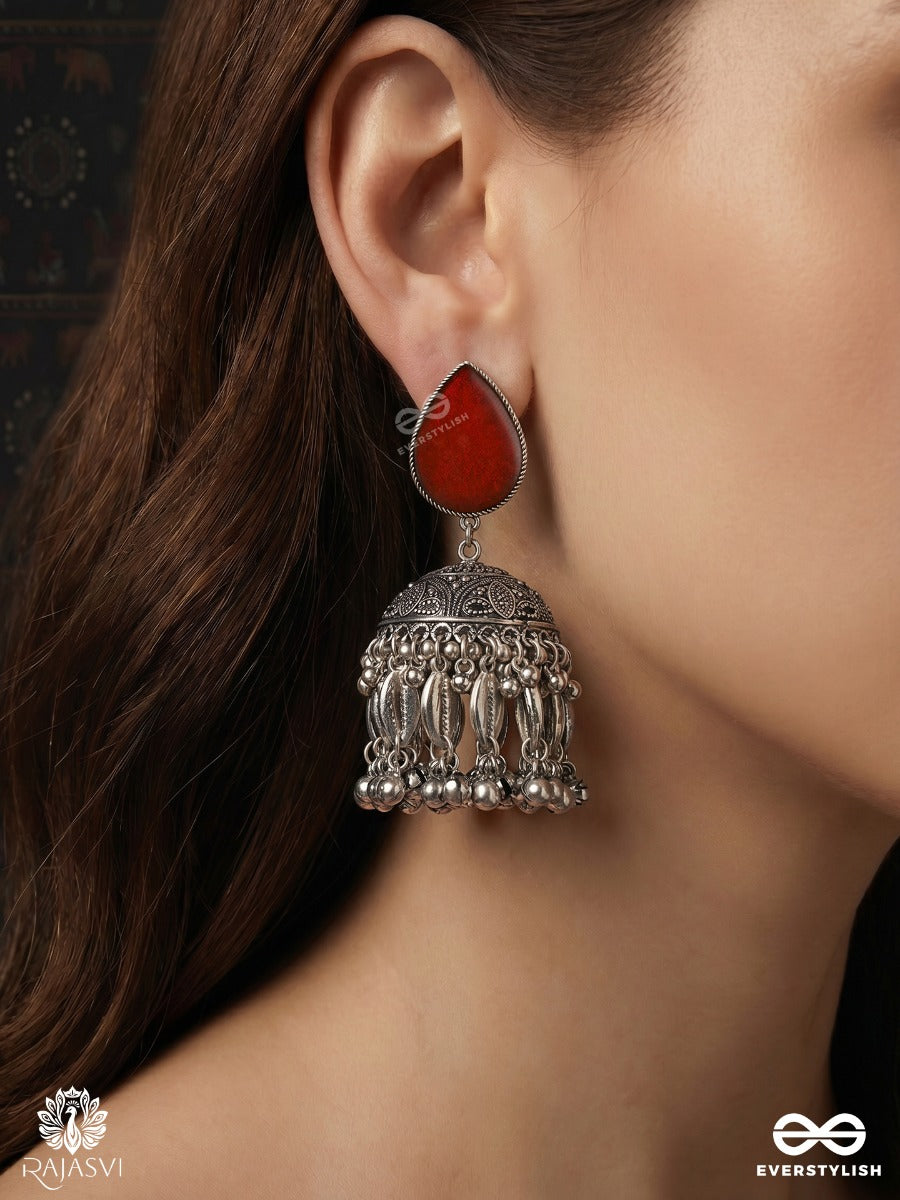 Rajmohini – Oxidised Jhumka Earrings With Ruby Teardrop Studs, Coin Charms And Ghungroo Fringe