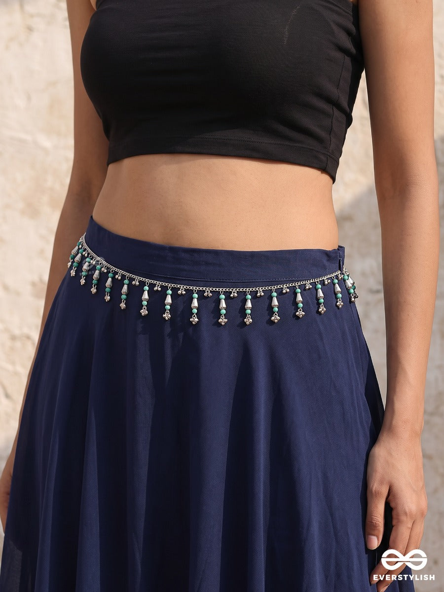 Nirjhari – Oxidised Waist Chain With Turquoise Beads And Floral Drops