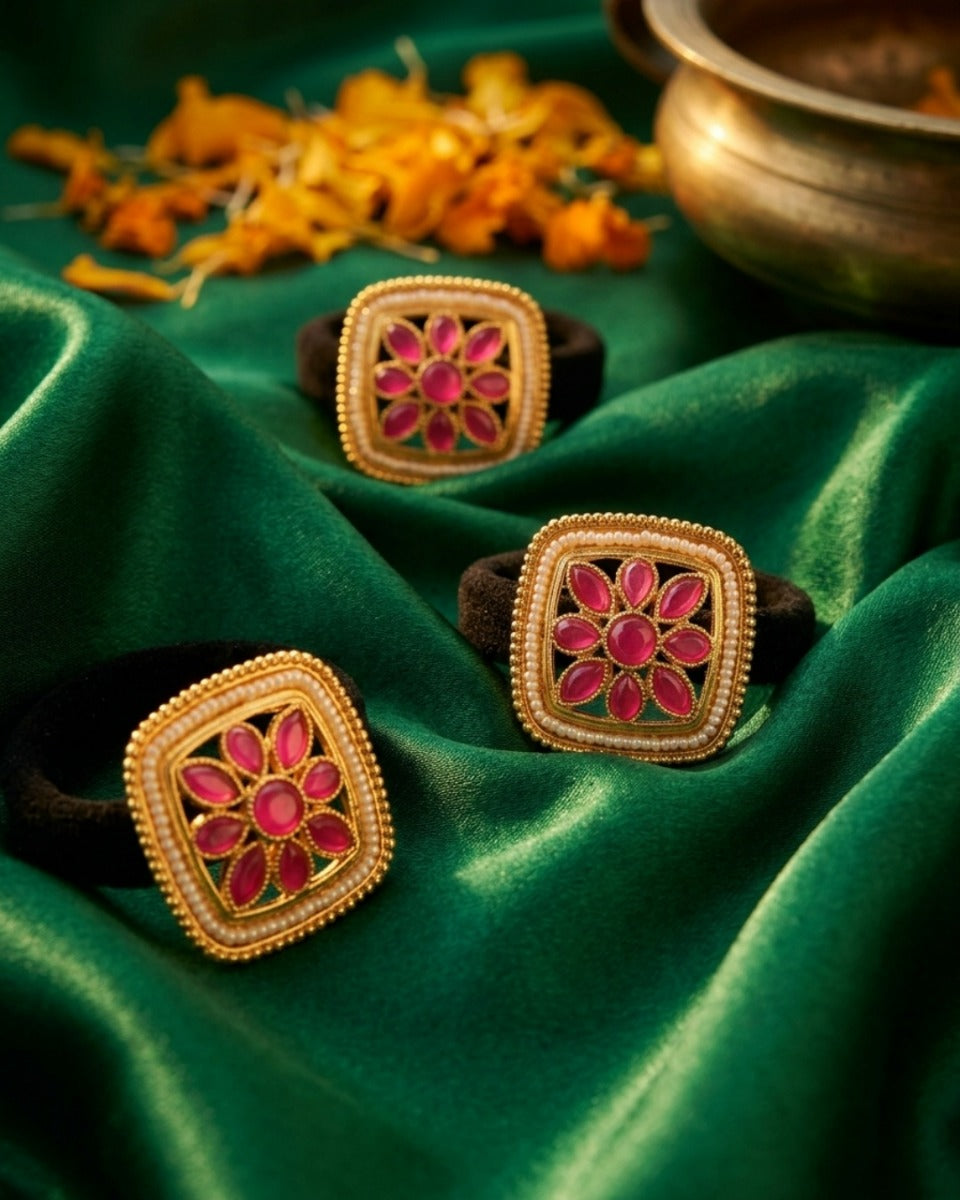 Pushkala - Abundant Beauty - Pack Of 3 Hair Accessories With Pink Floral Kundan-Style Motifs, Pearl Edging And Ornate Golden Details
