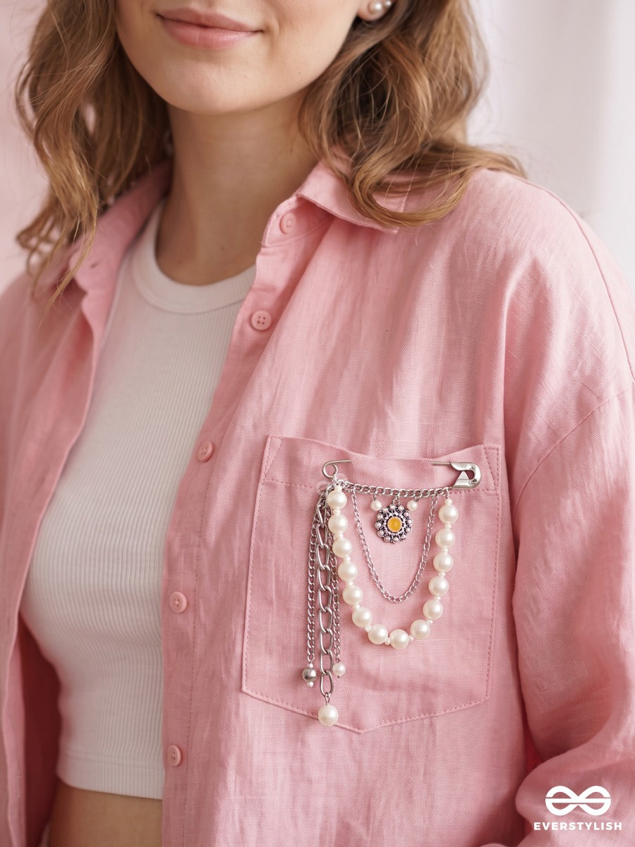 Pearl Embrace – Silver-Tone Brooch Pin With Pearl Strands And Crystal Floral Charm