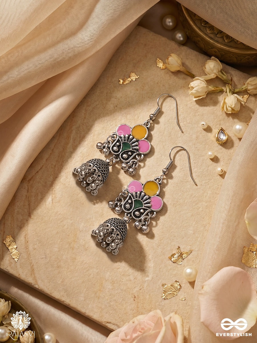 Basantika – Oxidised Heritage Jhumka Earrings With Pink And Mustard Floral Motifs, Green Accents And Ghungroo Fringes