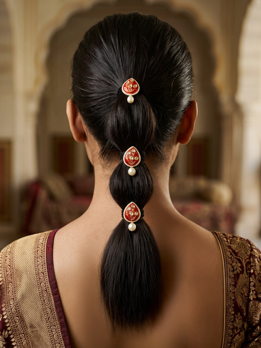 Parnavi - Ornamental Leaf - Pack Of 3 Hair Accessories With Deep Red Enamel Motifs, Kundan-Style Stones, Pearl Edging And Statement Pearl Drops