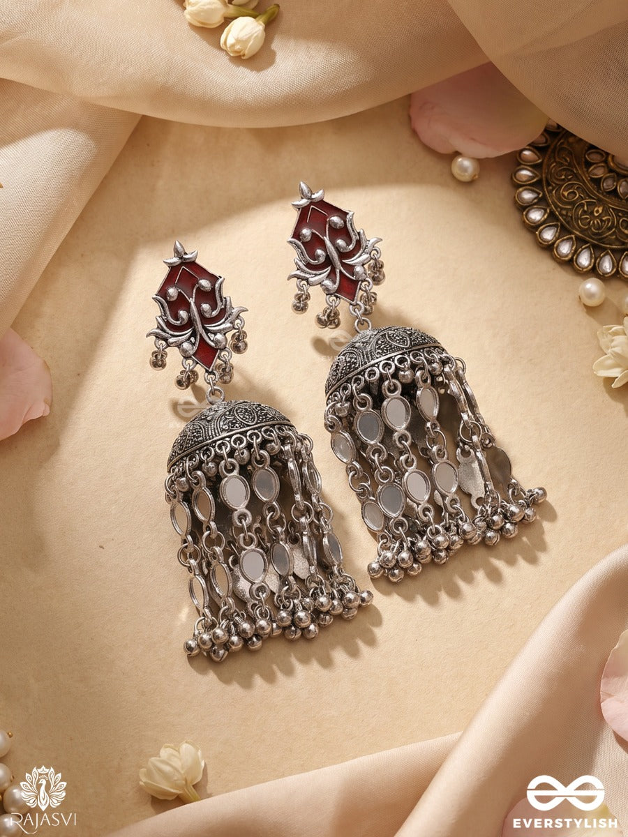 Tamrashree – Oxidised Tassel Earrings With Crimson Enamel Motifs, Coin Cascades And Ghungroo Details