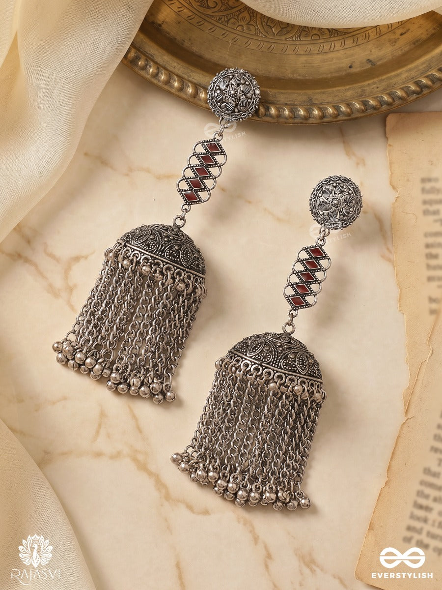 Shilpaakar – Oxidised Filigree Dome Earrings With Chain Tassels And Maroon Stone Detail