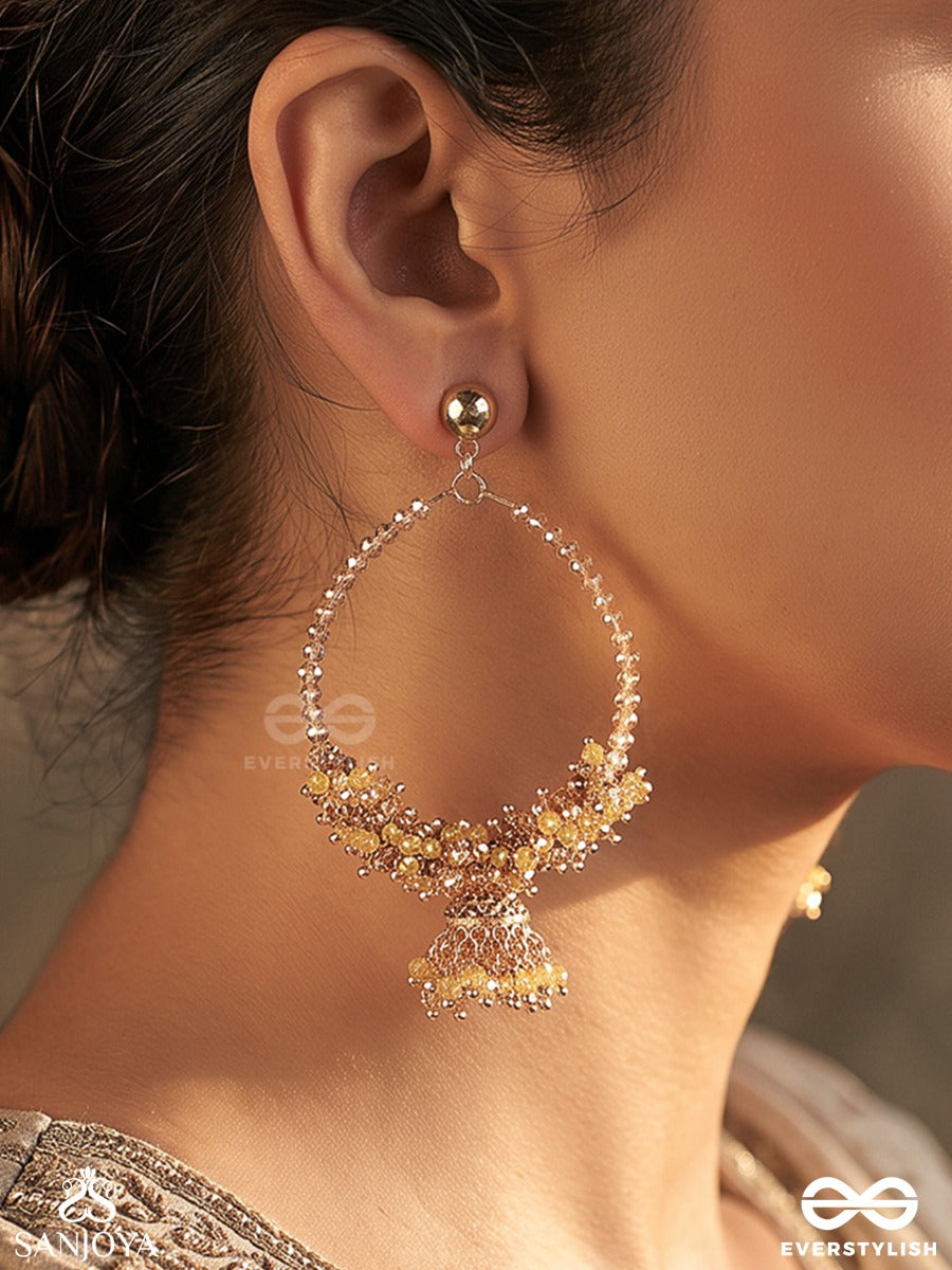 Mohrang – Enchanting Hues – Heritage Hoop Earrings With Intricate Bead Clusters, Mini Jhumka Danglers And Golden Framework