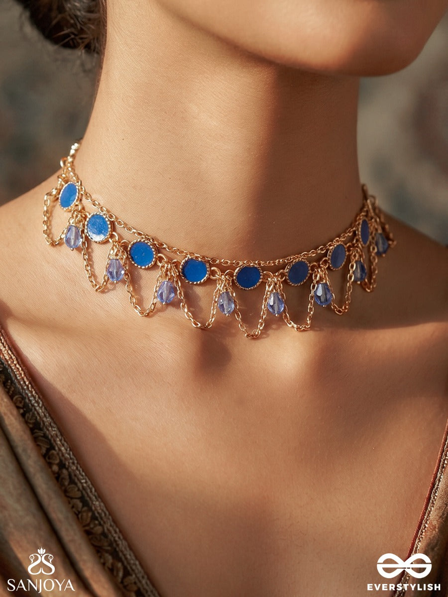 Ambunila – Blue Waters – Elegant Necklace With Blue Enamel Scallops, Pearl Accents And Golden Filigree
