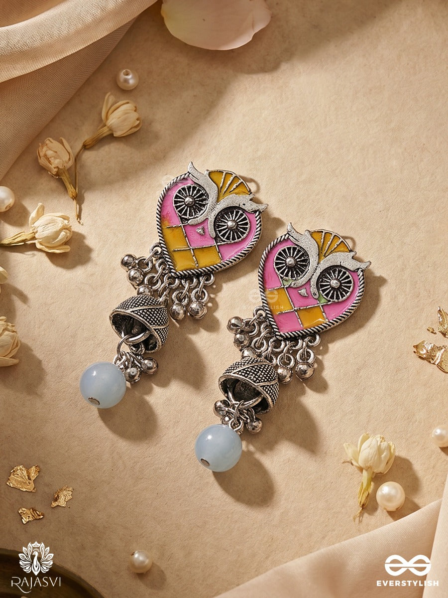 Nishapankhi – Oxidised Enamel Earrings With Owl Motifs, Tribal Charms And Sky Blue Bead Drops