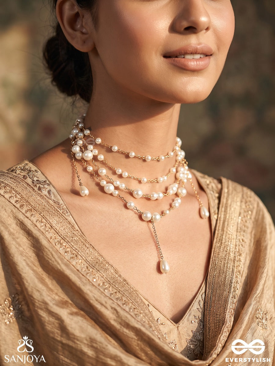 Farheen – Joyful Radiance – Multi-Purpose 3-In-1 Layered Chain With Lustrous Pearl Strands, Golden Links And Delicate Drop Accents