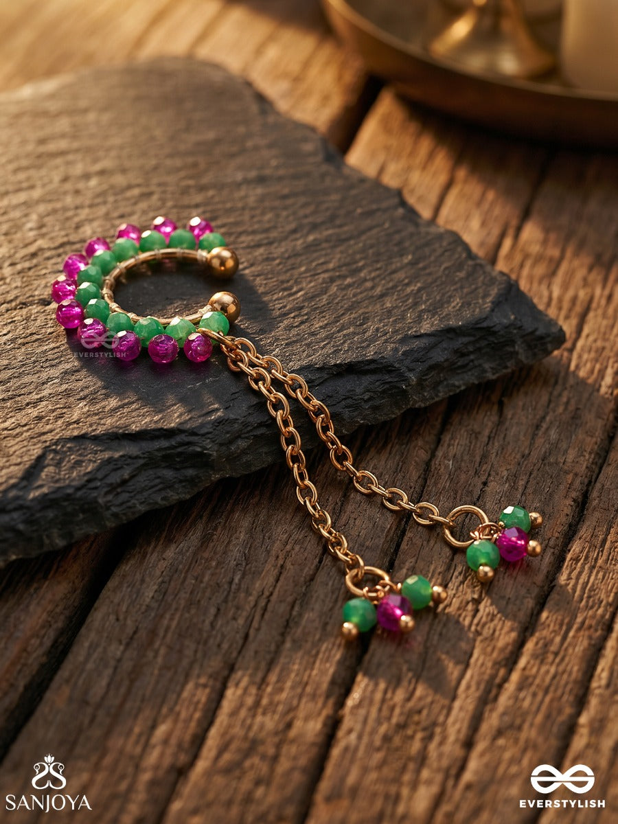 Manikarna – Jewelled Ear – Festive Single Earcuff With Pink-Green Bead Curve, Gold-Tone Chain Drops And Delicate Bead Cluster Ends