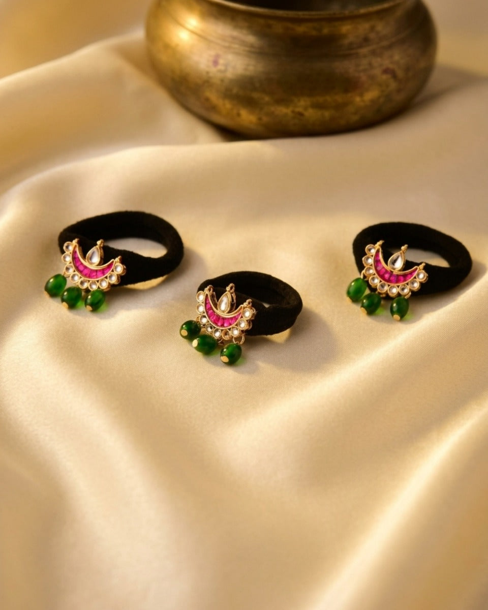 Chaandri - Crescent Charm - Pack Of 3 Hair Accessories With Pink Enamel Crescent Motifs, Kundan-Style Stones, Pearl Details And Green Bead Drops
