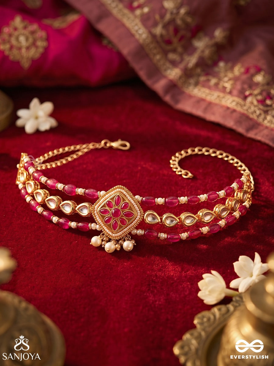 Kaushiki – Goddess Durga – Elegant Choker With Twin Red Bead Rows, Kundan Flower And Delicate Golden Details