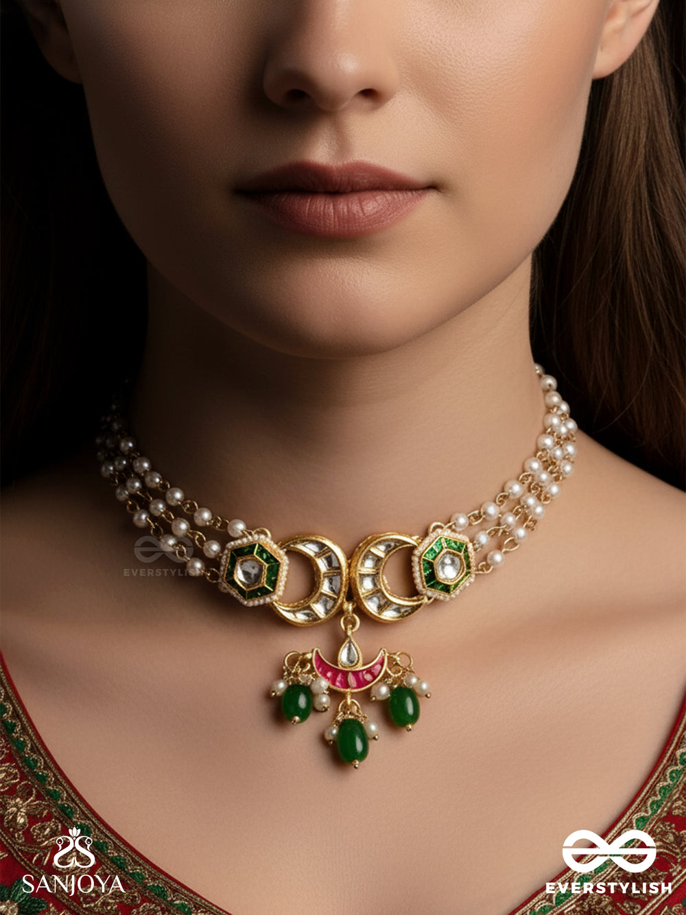 Shashiratna- Jewel Of The Moon- Kundan Necklace Inspired By The Moon's Radiance With Pearls And Green Drops
