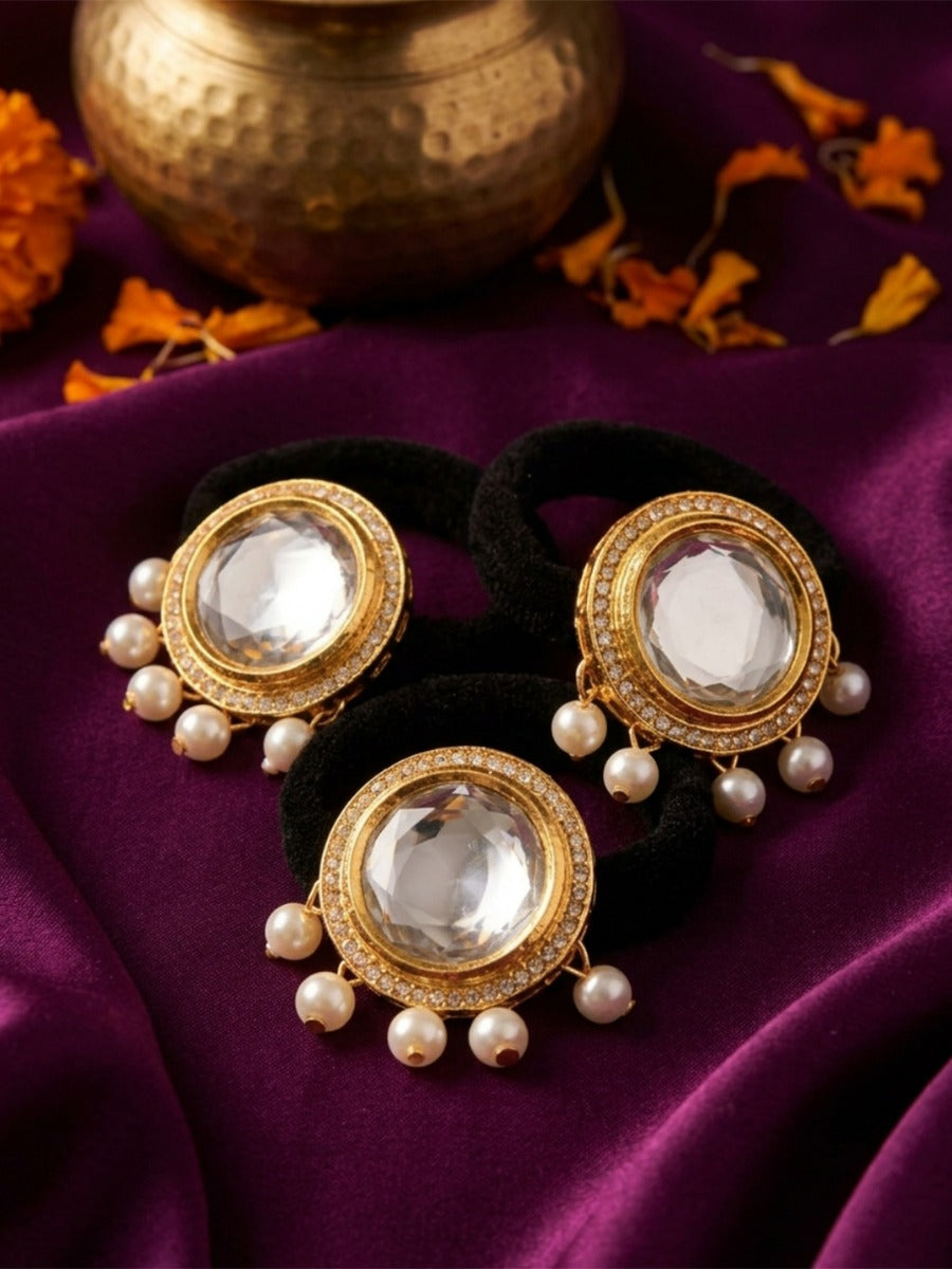 Darpani - Beautiful Reflection - Pack Of 3 Hair Accessories With Round Mirror Kundan Motifs, Pearl Drops And Ornate Golden Detailing