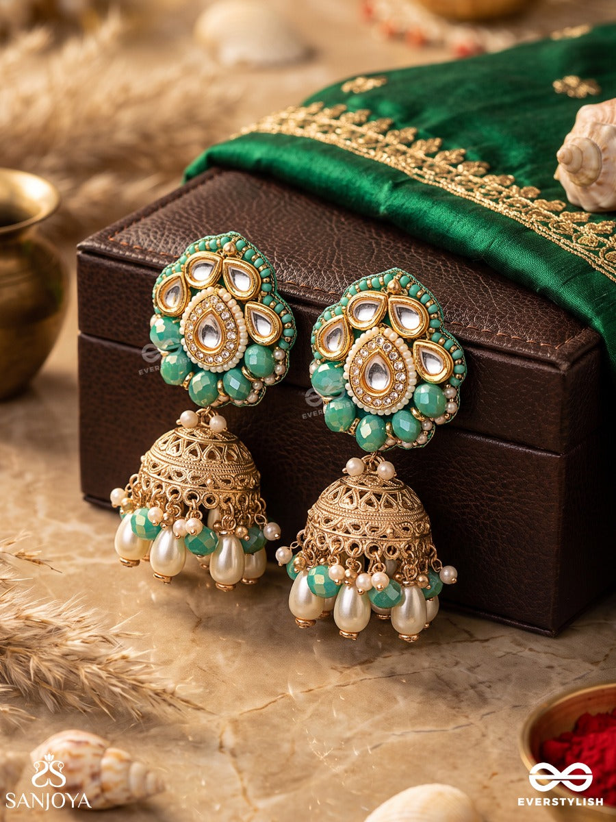 Spharika- Crystal Radiance-Jhumka Earrings Adorned With Diamond Shaped Stones,Beads And Pearls Of Golden, White And Turquoise Accents
