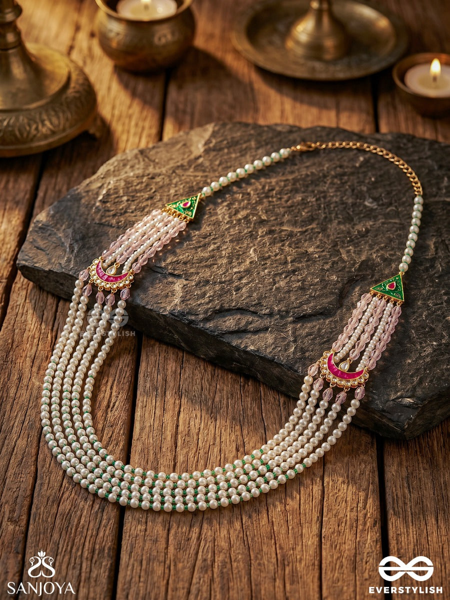 Falakshree – Heavenly Splendour – Multi-Layer Pearl Rani Haar With Enamel Crescent Motifs, Green Bead Accents And Regal Detailing