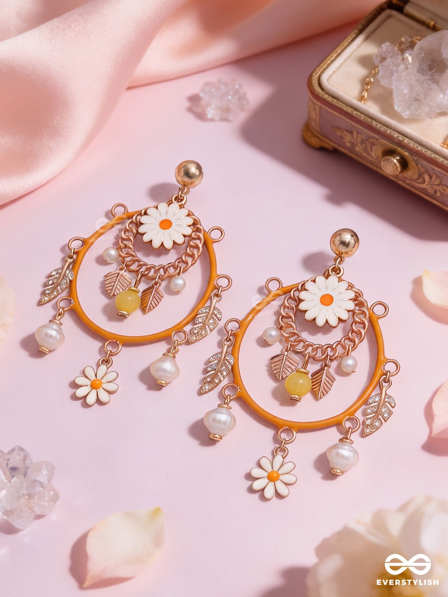 Honey Garden – Mustard Statement Hoop Earrings With Floral And Pearl Charms