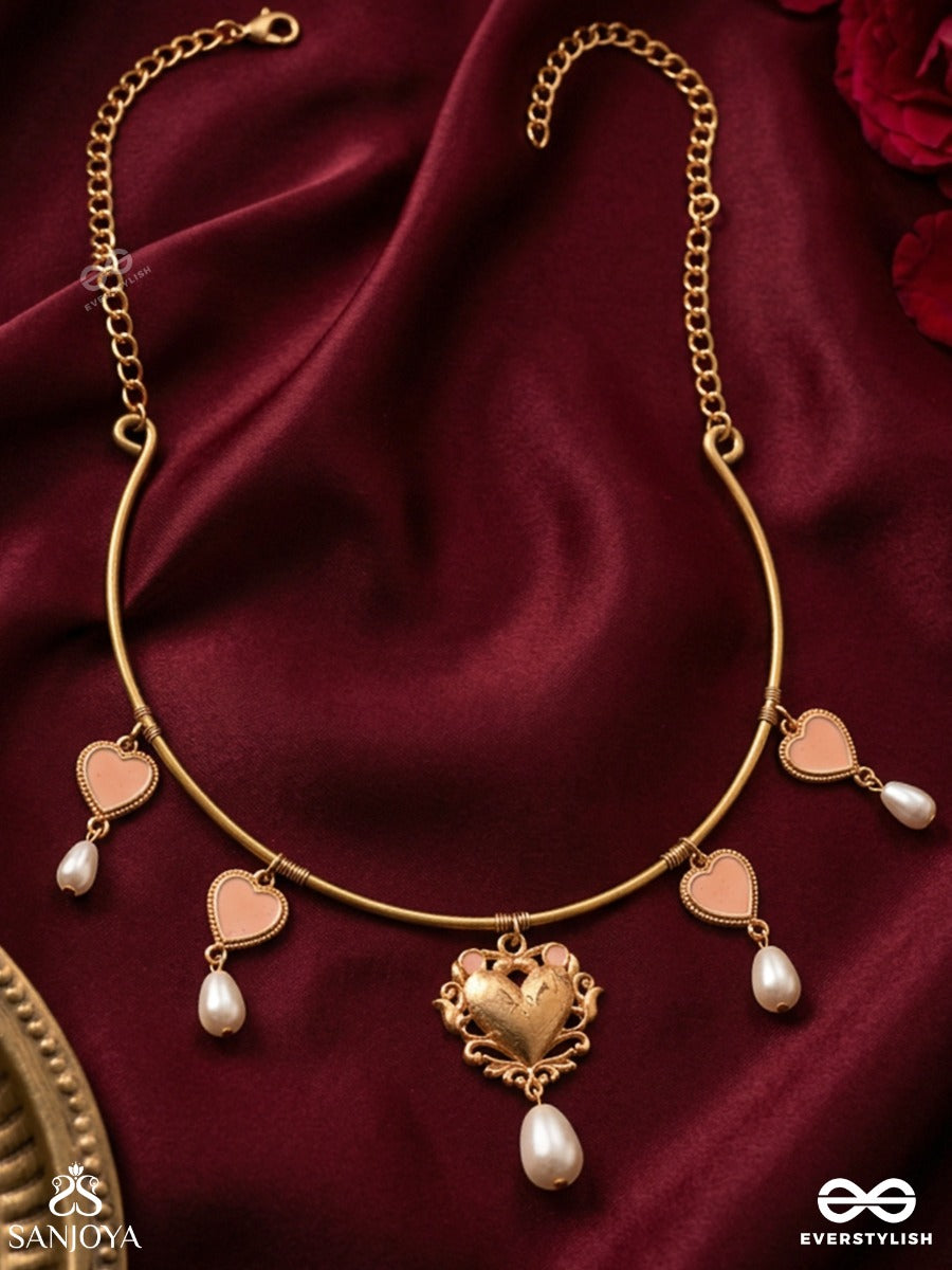 Shyamangi – Grace Of Dusk – Heritage Hasli Necklace With Heart Motifs, Pearl Drops And Floral Kundan Pendant