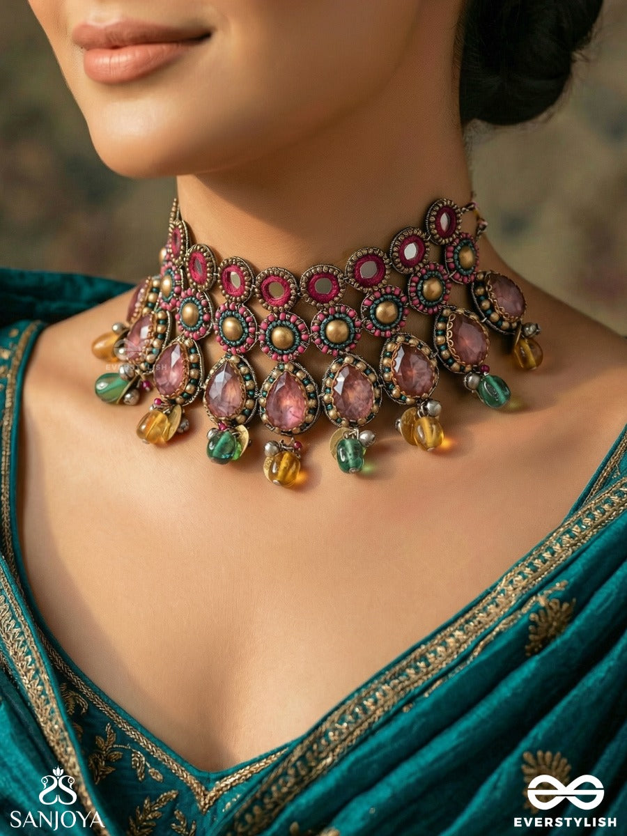 Vashikrit - The Hypnotic Tiers - Mirror, Stones, Coins And Glass Drops Hand Embroidered Oxidised Choker Neckpiece