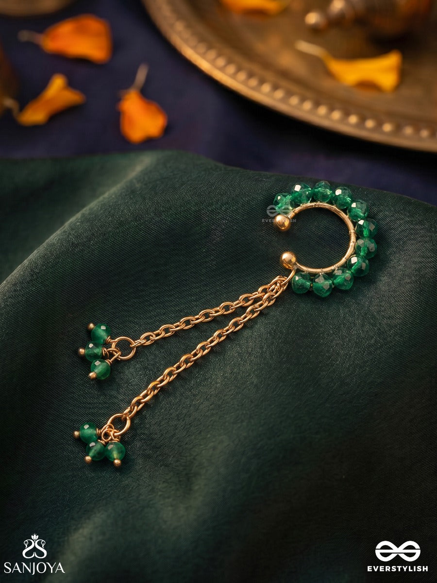 Vanakarni – Forest Ear Adornment – Ornate Single Earcuff With Green Bead Arc, Gold-Tone Chain Linking And Delicate Dangling Bead Accents