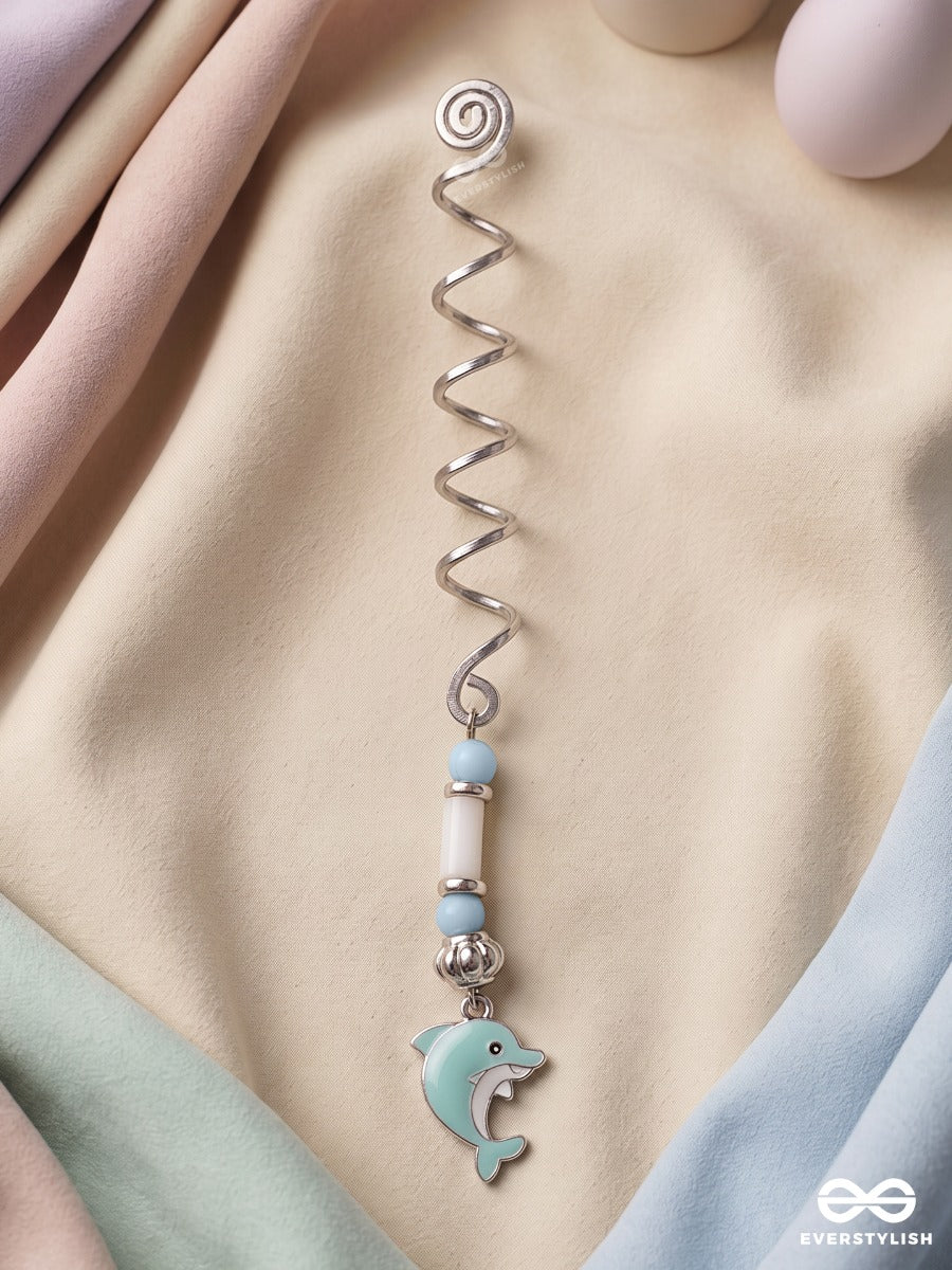 Ocean Hop – Silver Spiral Braidlet With Aqua Beads And Dolphin Charm