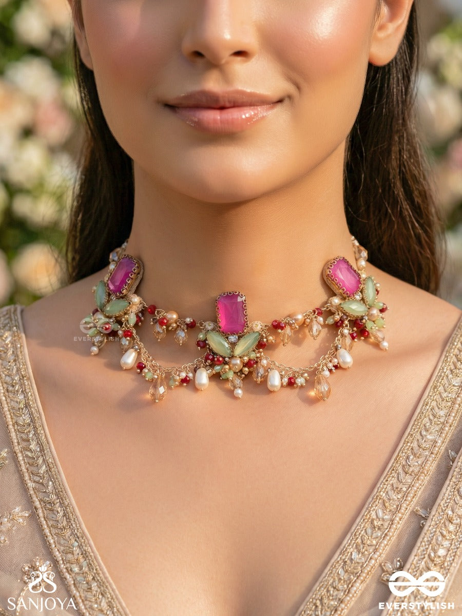 Asita - The Regal Orchid - Stones, Beads And Pearls Hand Embroidered Neckpiece
