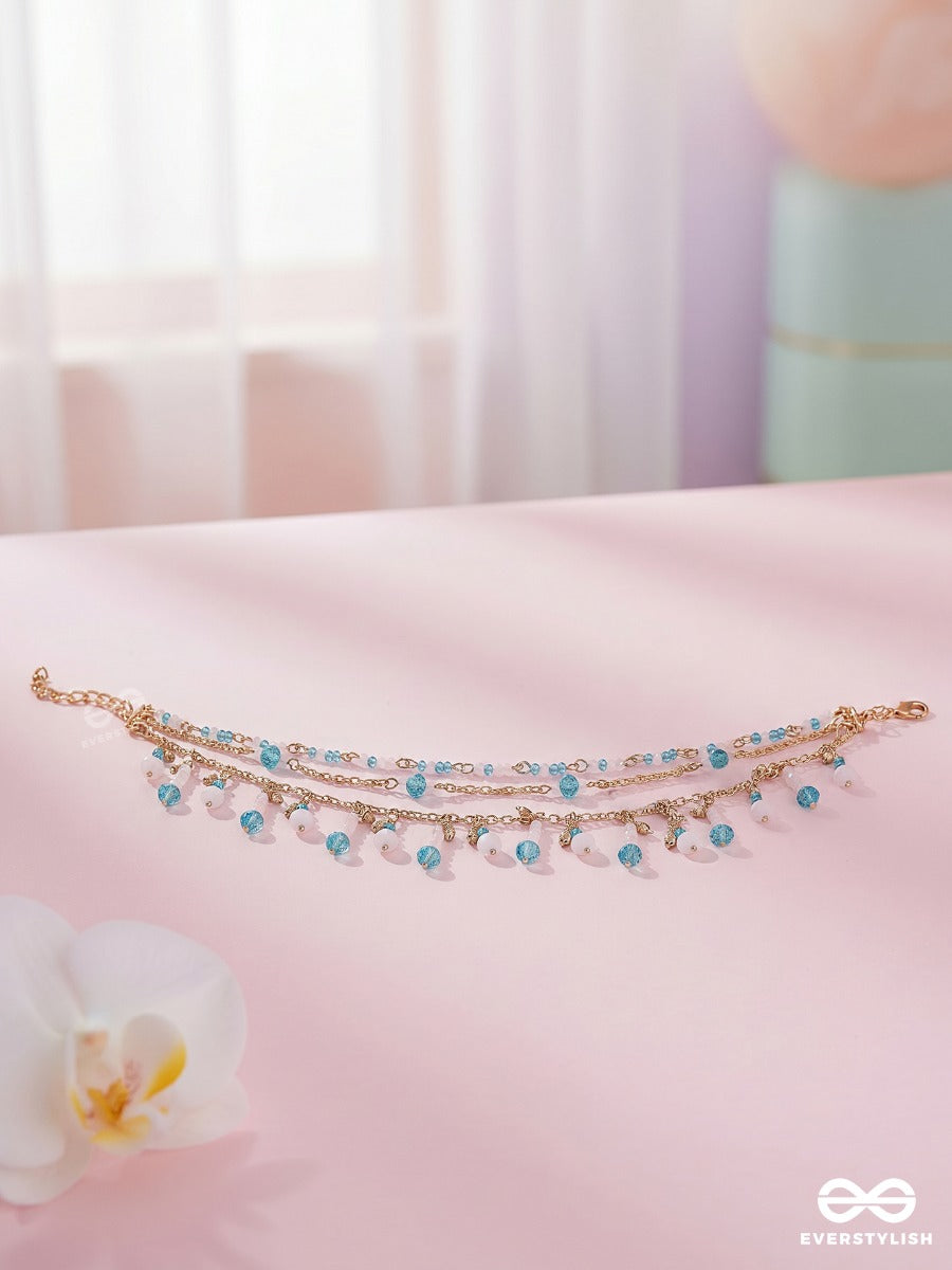 Sea Spritz – Delicate Anklet (Single) With Aqua Crystals, Pearls And Silver Charms