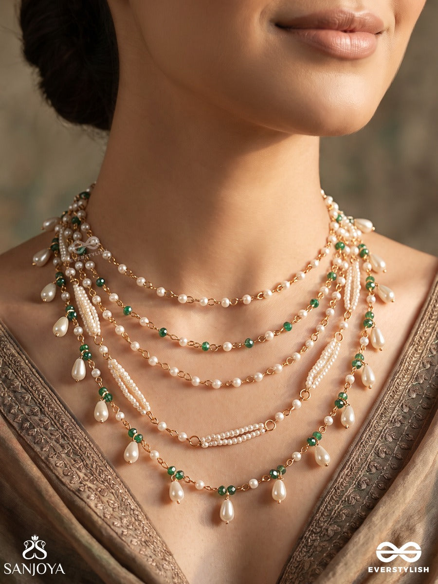 Yashna – Celebration Of Glory – Multi-Purpose 3-In-1 Layered Chain With Emerald Beads, Pearl Drops And Delicate Golden Strands