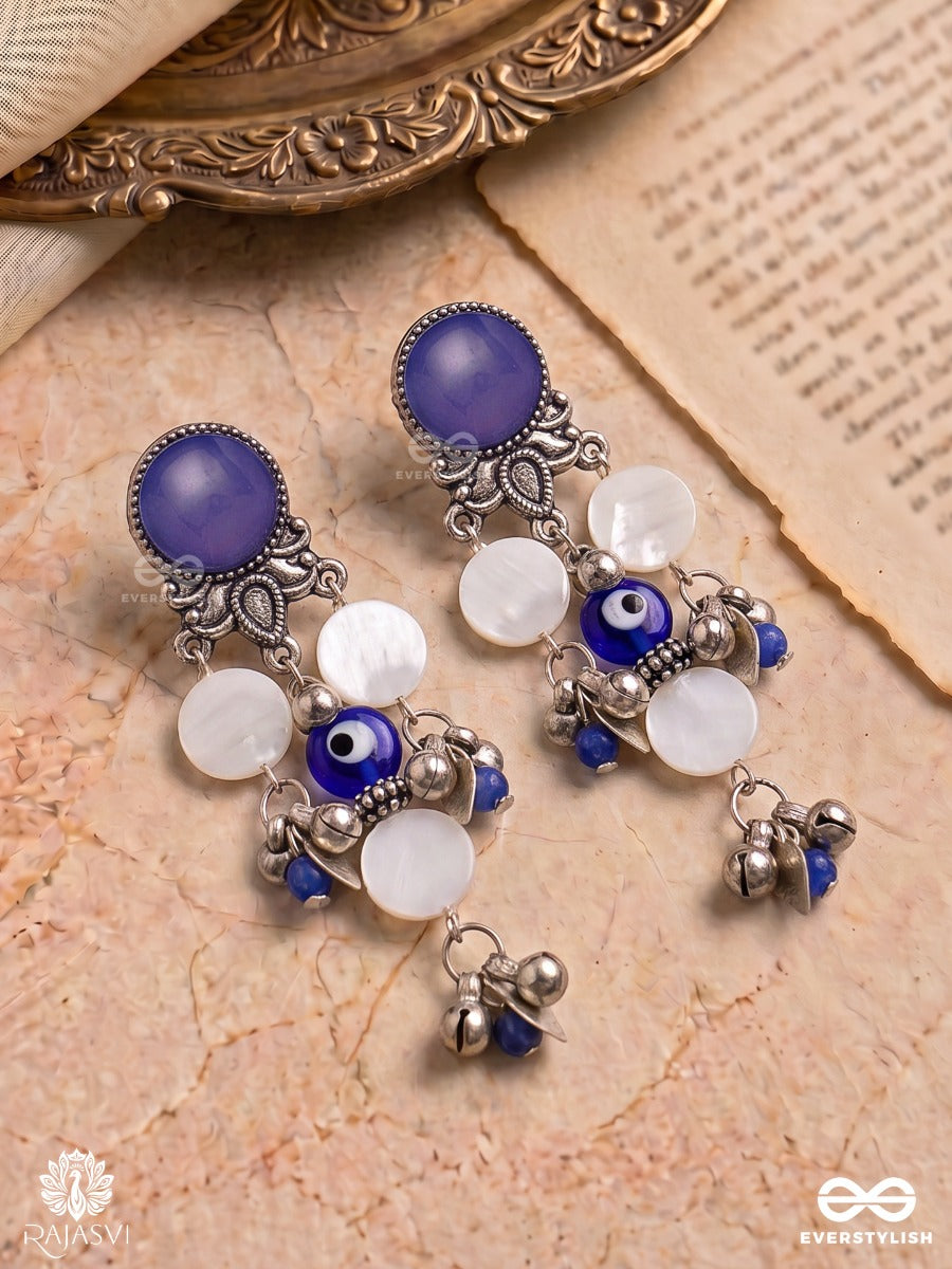 Neelakshi – Oxidised Earrings With Evil-Eye Centres, Blue Stones And White Beads
