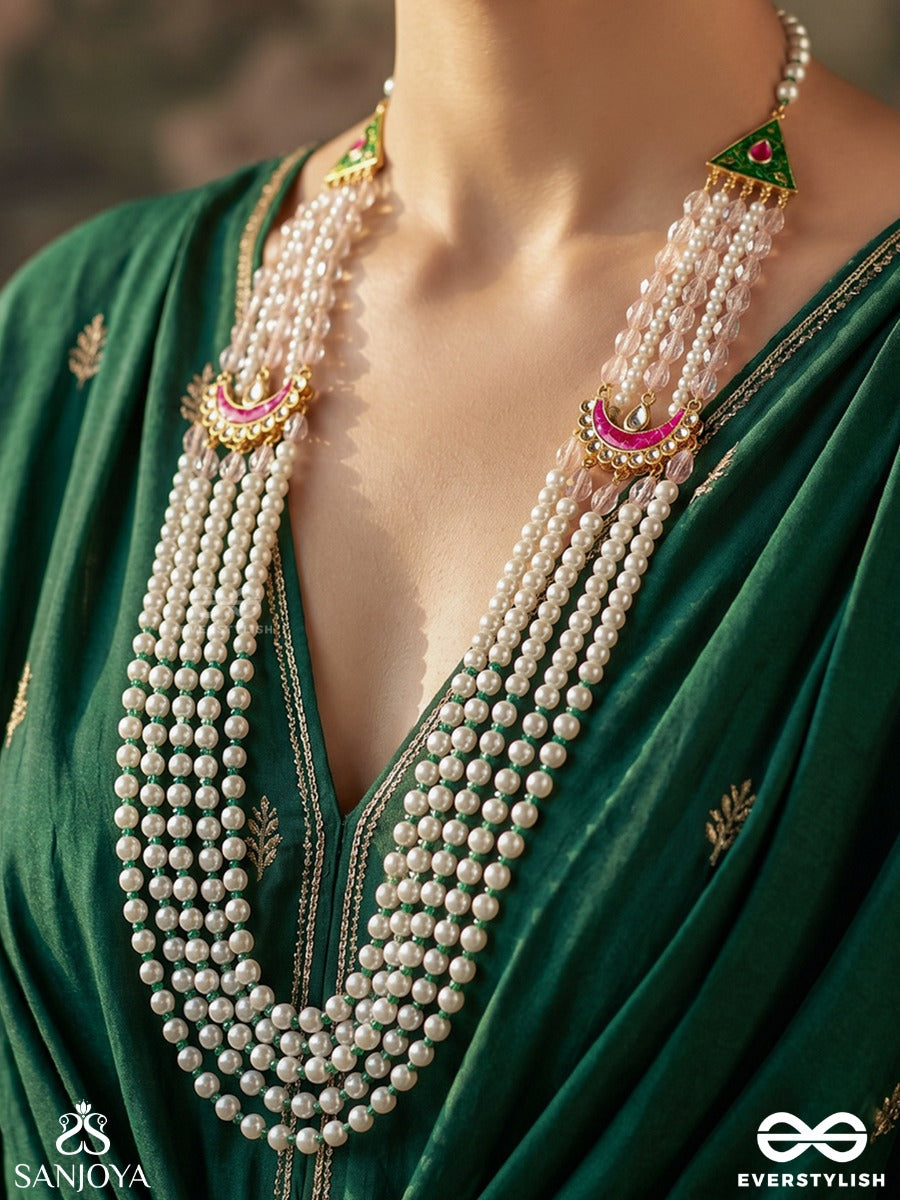 Falakshree – Heavenly Splendour – Multi-Layer Pearl Rani Haar With Enamel Crescent Motifs, Green Bead Accents And Regal Detailing