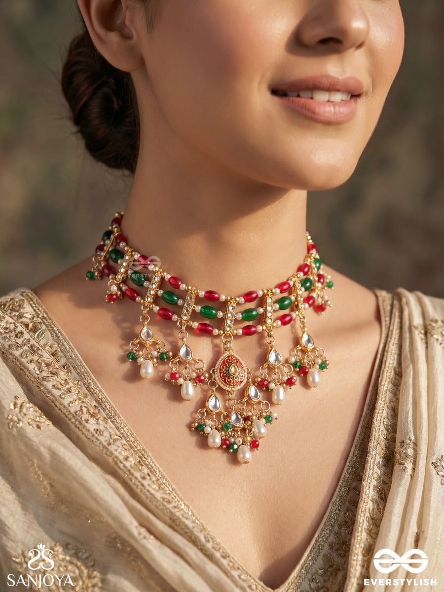 Zarmeena – Golden Bloom – Ornate Necklace With Multi-Colour Kundan Panels, Floral Dangling Motifs And Pearl Accents