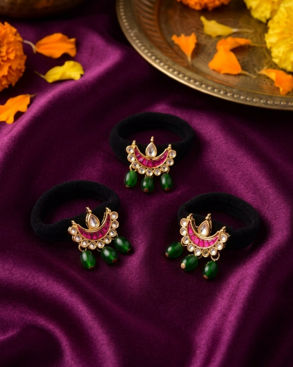 Chaandri - Crescent Charm - Pack Of 3 Hair Accessories With Pink Enamel Crescent Motifs, Kundan-Style Stones, Pearl Details And Green Bead Drops