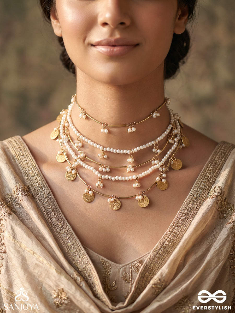 Zareenah – Golden Beauty – Multi-Purpose 3-In-1 Layered Chain With Pearl Strands, Floral Clusters And Golden Coin Charms