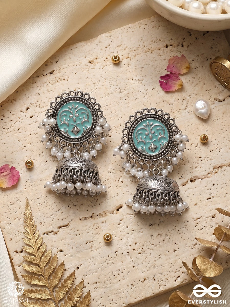 Neeltarangini – Oxidised Jhumka Earrings With Turquoise Enamel Medallions, Pearl Clusters And Filigree Domes