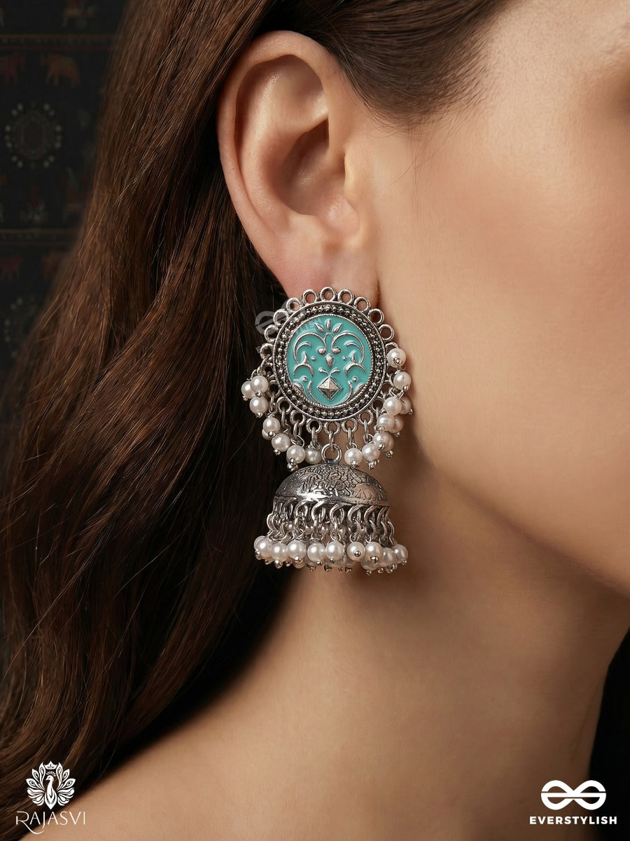 Neeltarangini – Oxidised Jhumka Earrings With Turquoise Enamel Medallions, Pearl Clusters And Filigree Domes