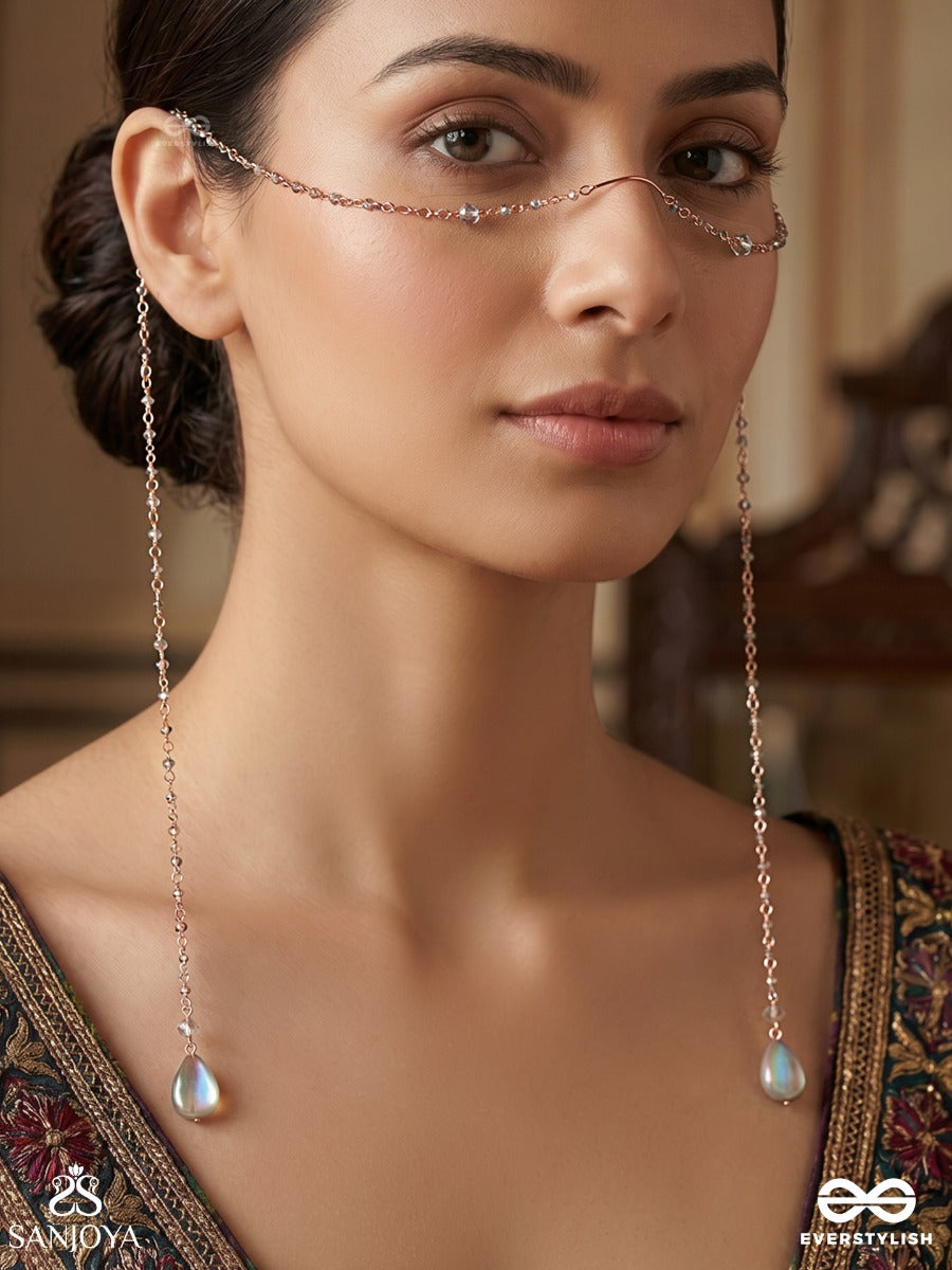 Neerrekha – Water Trace – Elegant Face Let With Slender Gold-Tone Chains, Aqua Teardrop Side Motifs And Delicate Bead Accents