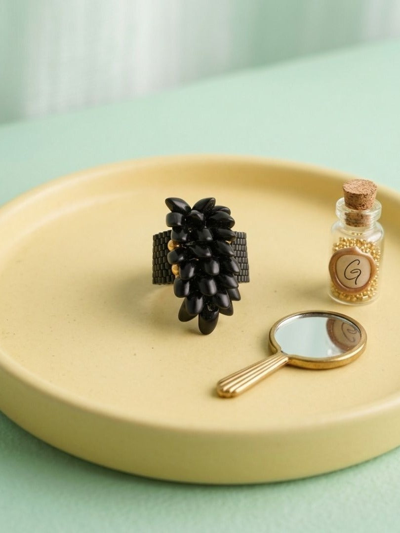 Dark Dahlia - Black Beaded Floral Statement Ring