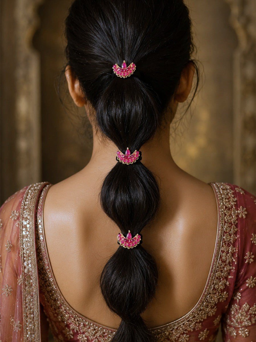 Shonali - Crimson Glow - Pack Of 3 Hair Accessories With Ornate Crescent Motifs, Pink-Red Enamel And Golden Details