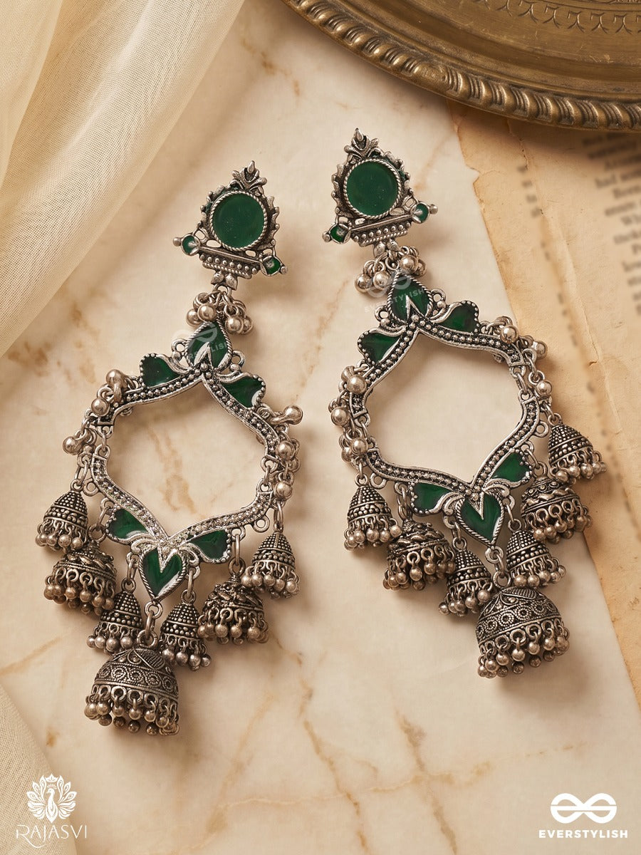 Vrindika – Emerald Enamel Oxidised Chandbali Earrings With Multi Jhumki Drops