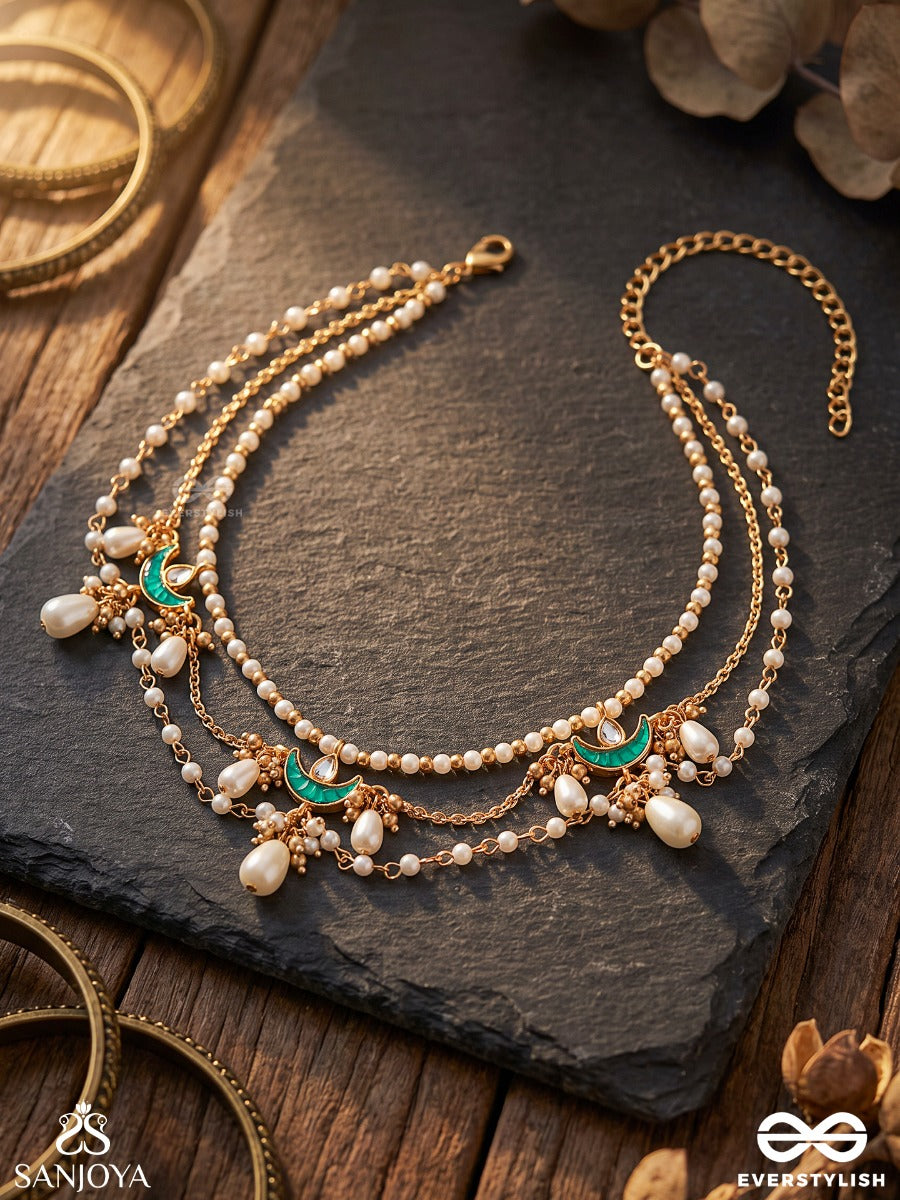 Chandrima – Moonlight – Heritage Armlet (Single) With Triple Pearl Strands, Turquoise Crescent Motifs, Floral Pearl Clusters And Delicate Danglers