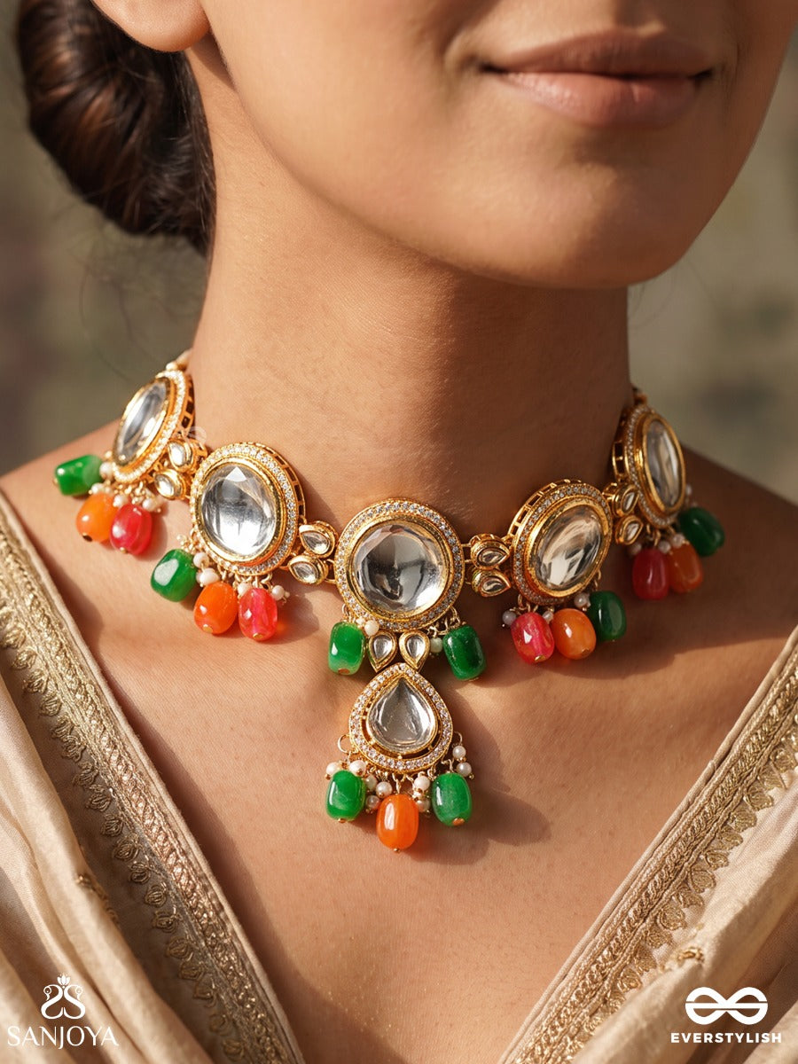 Madhuban – Honey Garden – Heritage Choker With Mirror Kundan Motifs, Coral-Emerald Bead Accents And Delicate Floral Details