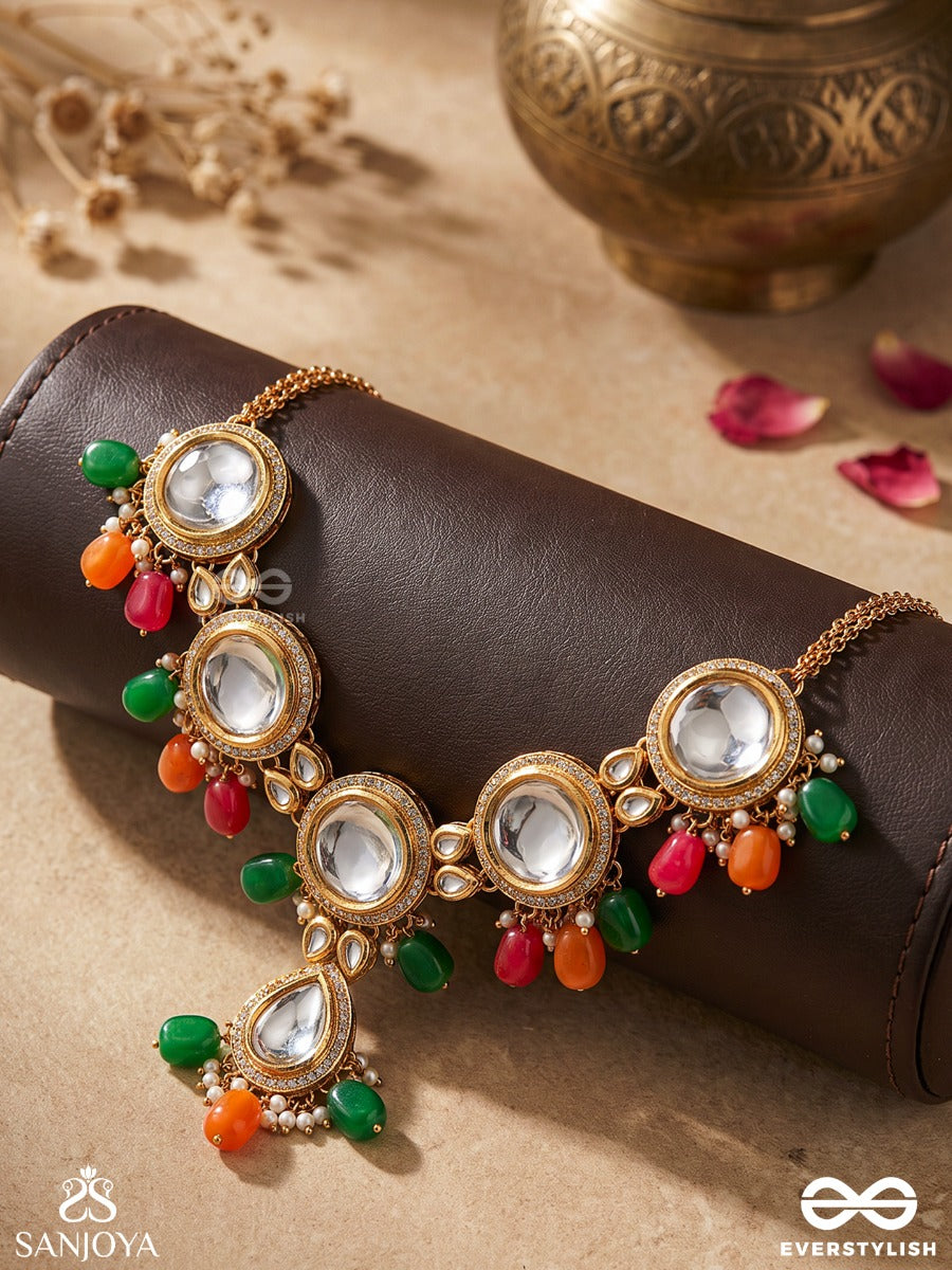 Madhuban – Honey Garden – Heritage Choker With Mirror Kundan Motifs, Coral-Emerald Bead Accents And Delicate Floral Details