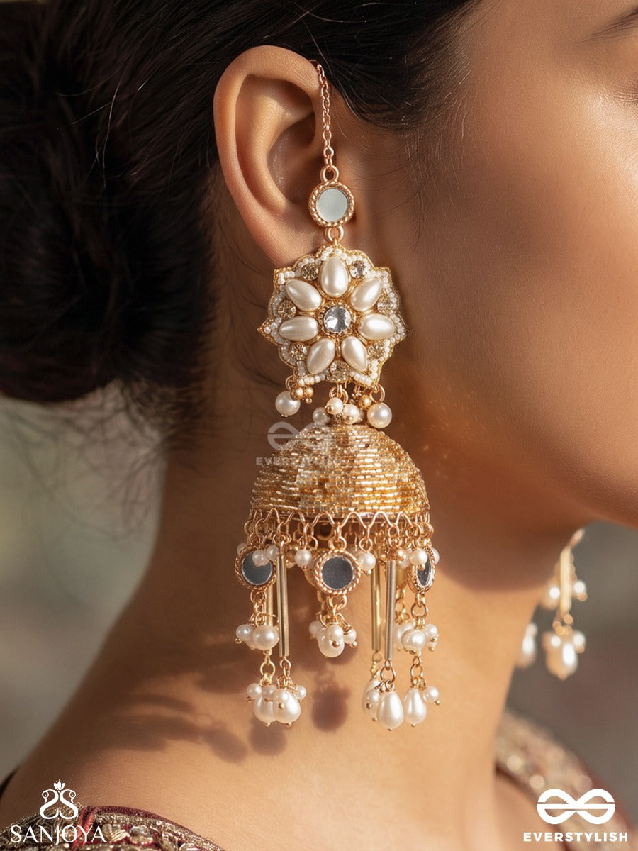 Noormala – Garland Of Light – Ornate Kaanchain Earrings With Handcrafted Pearl Clusters, Filigree Jhumkas And Delicate Ear Chains