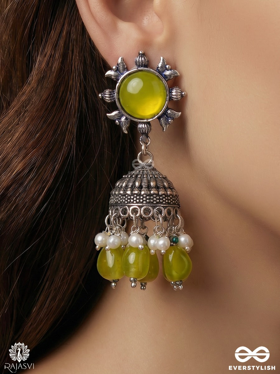 Neelamrita – Oxidised Jhumkas With Lime Green Stone, Pearl Clusters And Lime Green Bead Drops