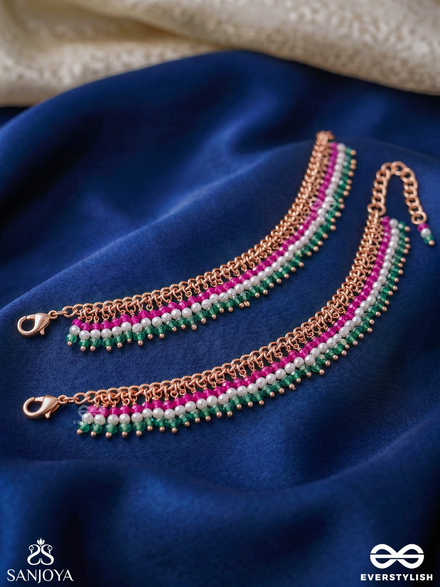 Gulbaano – Floral Lady – Festive Pajeb (Anklet) Set Of 2 With Layered Pink And Green Fringes And Bead Details