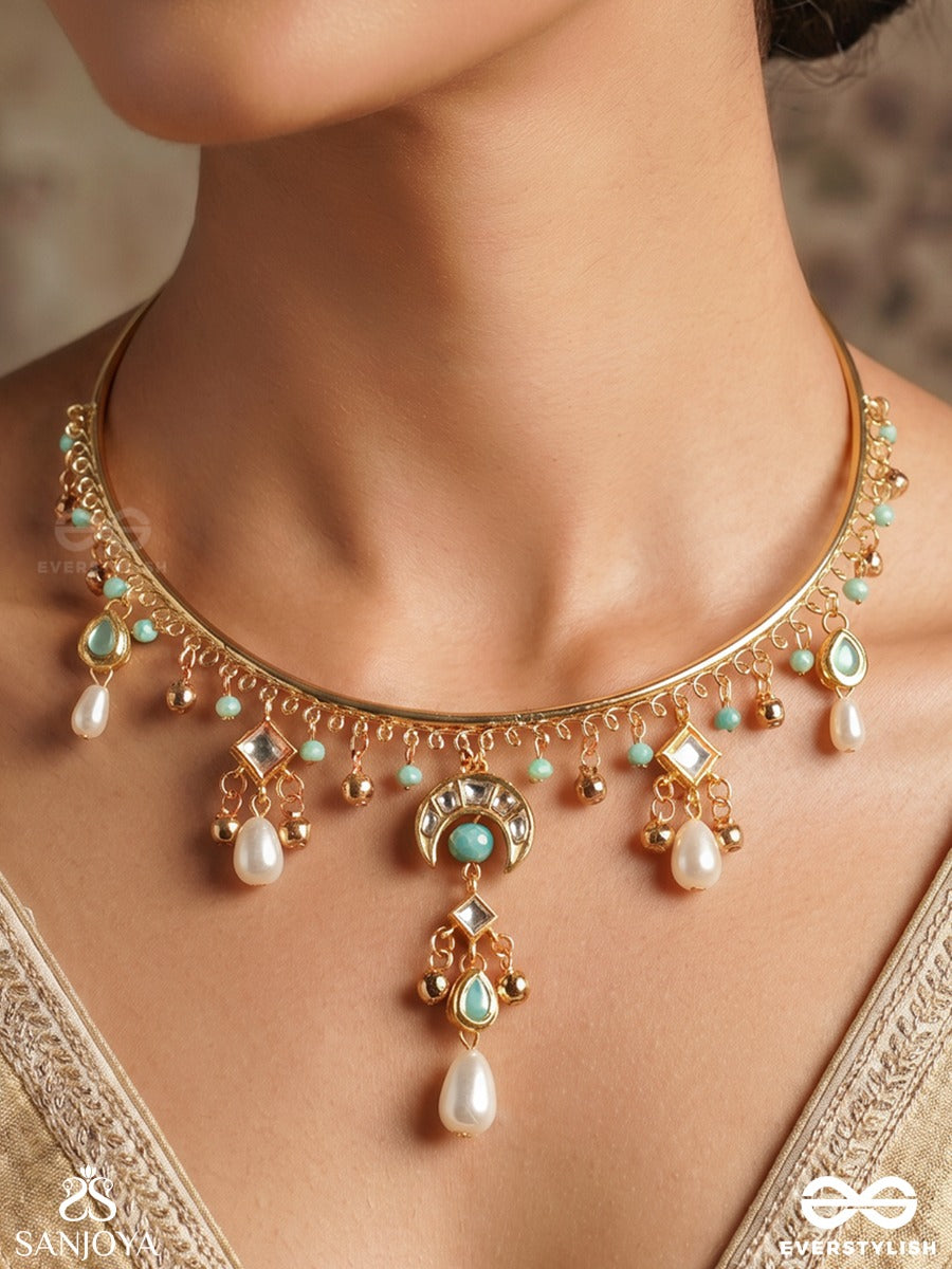 Waridhini – Bearer Of Rain – Heritage Hasli Necklace With Aqua Enamel Motifs, Pearl Drops And Delicate Kundan Charms
