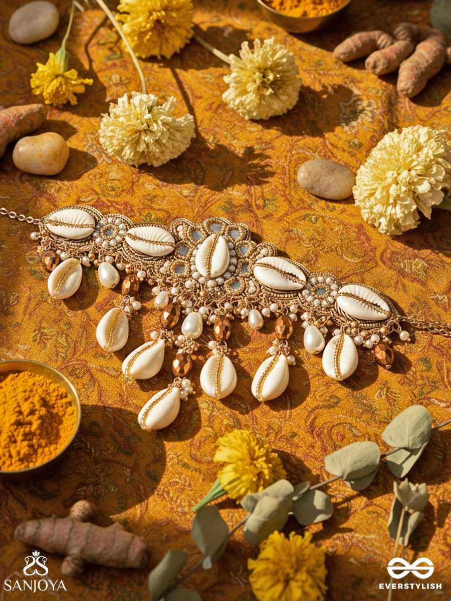 Lavana- The Coast Memoirs- Shells, Beads And Glass Drops Hand Embroidered Choker Neckpiece