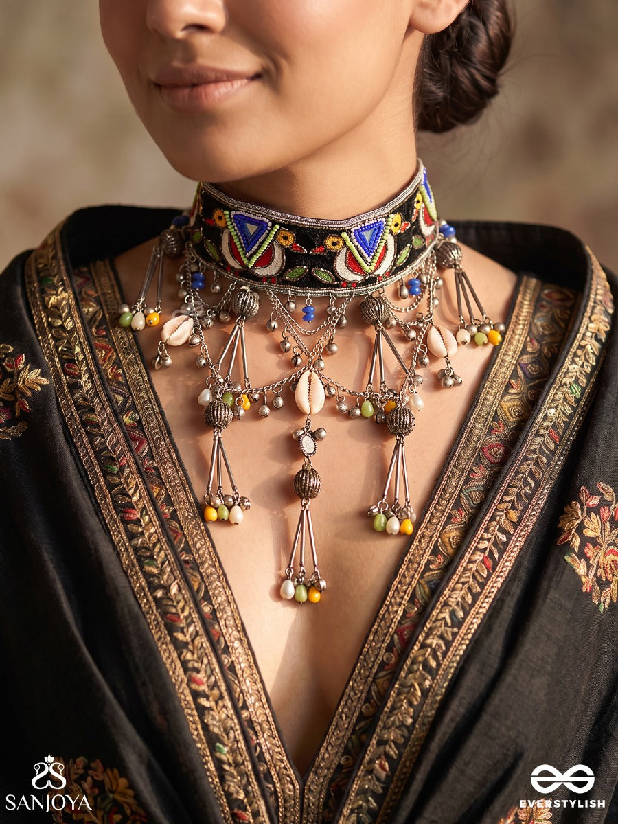 Raasrang – Colours Of Raas – Navratri Special Necklace With Colourful Folk Motifs, Oxidised Ghungroos And Cascading Danglers